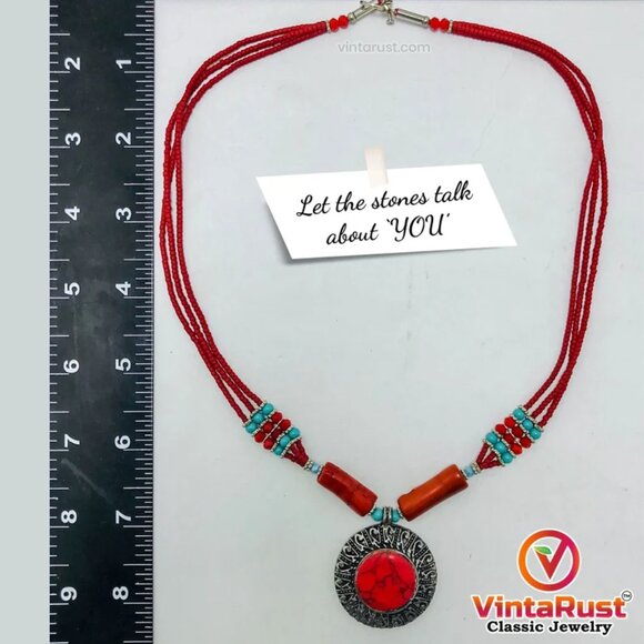 Beaded Multilayers Chain Necklace With Pendant, Ethnic Statement Necklaces - Picture 9 of 10